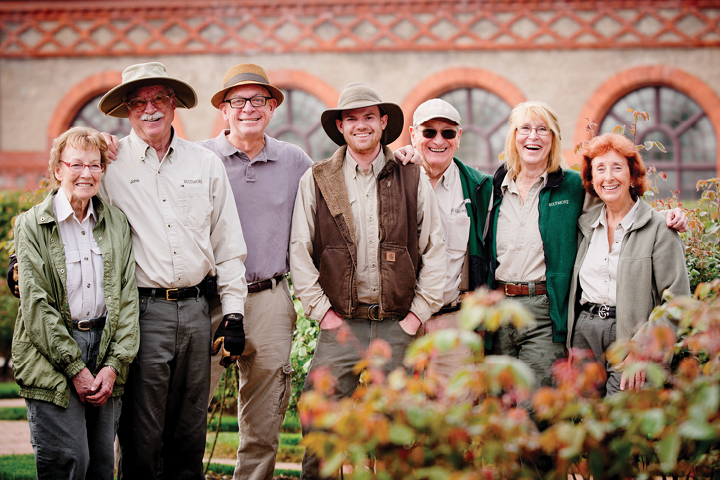 Biltmore rose garden crew, from left to right: Aileen Black, John Smith, Paul Zimmerman, Jon Parker, Duane Bateman, Kaye DeBona, and Joan Glacken.