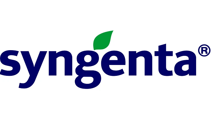 A logo reads Syngenta in navy blue letters on a white background, with a green leaf above the g and e.