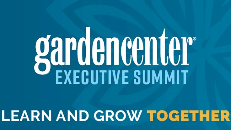 A graphic with white, blue and gold text on a blue background reads Garden Center Executive Summit: Learn and Grow Together.