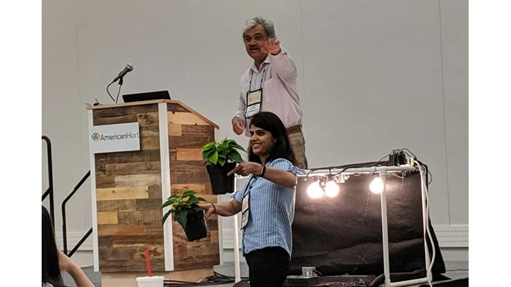 Dr. Krishna Nemali and a graduate assistant demonstrate effects of high or low nitrogen on poinsettia.