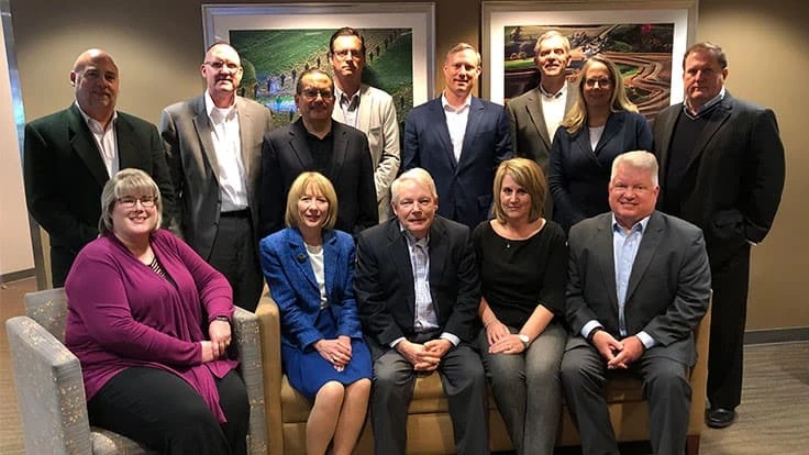 Michael Kropp, Wilbur-Ellis on behalf of Primera, Inc.; Scott Gault, WinField United; Jose Milan, Bayer Environmental Science; Michael Maravich, Sipcam Agro USA; Brian Rowan, SiteOne Landscape Supply; Neil Cleveland, PBI-Gordon Corporation; Karen Larson, Clarke, Treasurer; and Scott Todd, Central Life Sciences. Front row: Stephanie Jensen, BASF, Vice Chair; Kathy Bishop, Lebanon Seaboard Corporation; Bill Culpepper, SePRO Corporation; Carrie Tackema, Nufarm Americas, Inc., Co-Chair of the RISE Strategic Oversight Council; and Sean Casey, Nufarm Americas, Inc., Chair. Not pictured: Daryl Allen, Corteva Agriscience, and Scott Reasons, Syngenta.