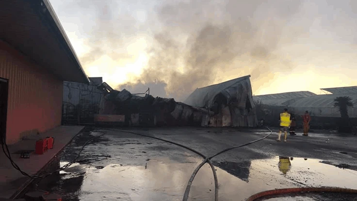 The fire was contained in the metal walls of the warehouse.