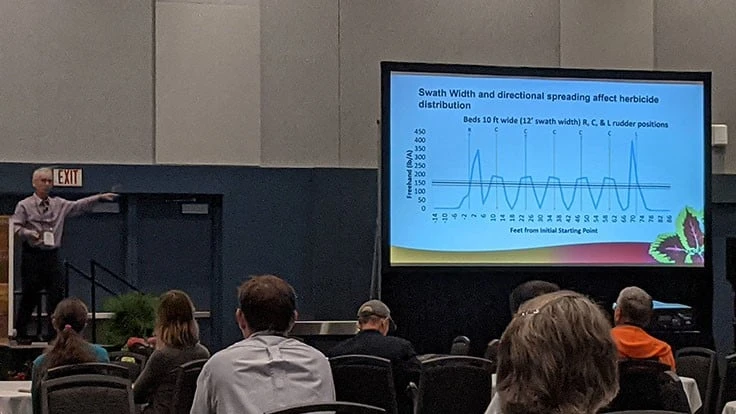 Joe Neal explains the issues that create a lack of uniformity in herbicide distribution at Cultivate'21 in Columbus, Ohio.