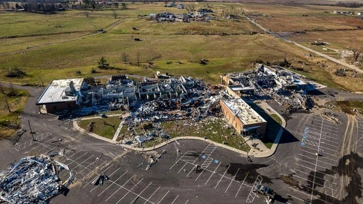 Aerial view of the UK Research and Education Center after it took a direct hit from a tornado. 