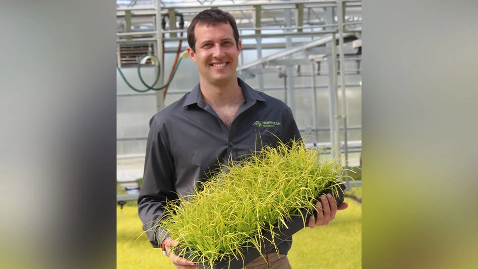 a man in a dark collared shirt is smiling and holds a grassy plant.