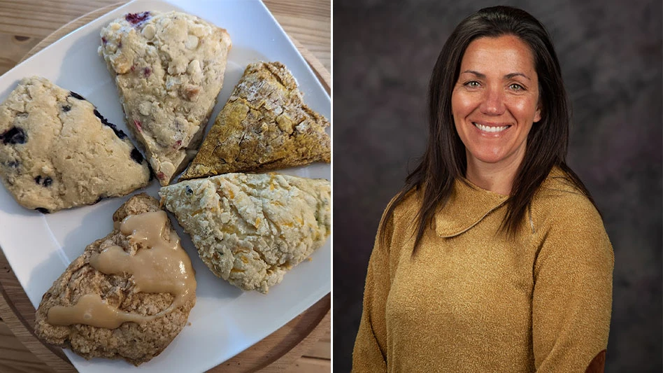 left image, a plate of a variety of scones, right image a head shot of a woman against a dark background with a yellow sweater