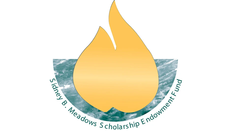 A logo of a gold flame is on top of a marbled aqua-color half-circle. Along the bottom edge of the half-circle is the text Sidney B. Meadows Scholarship Endowment Fund.