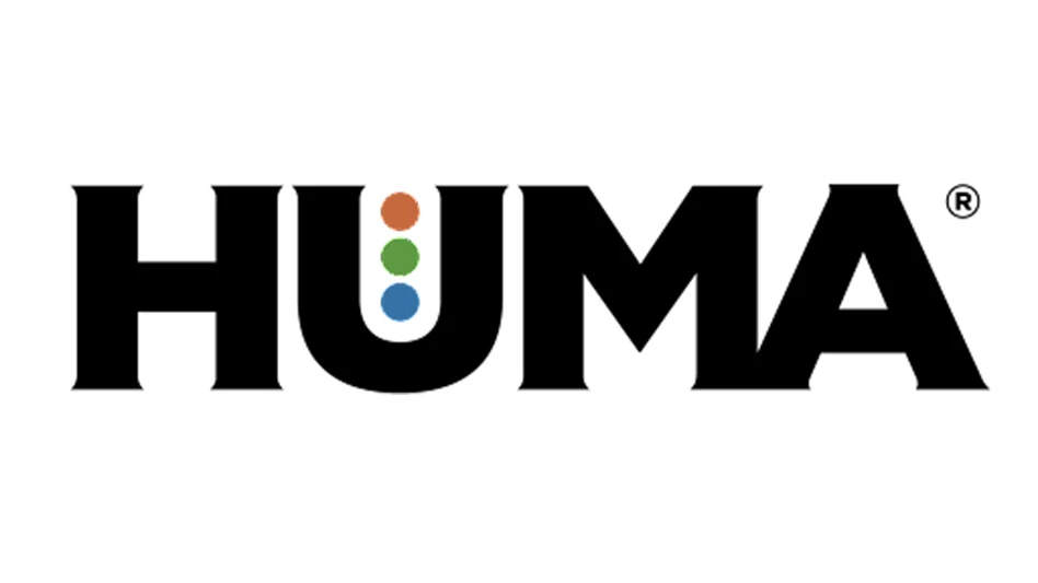 Black capital letters read Huma. In the U are three vertical circles: one orange, one green and one blue.