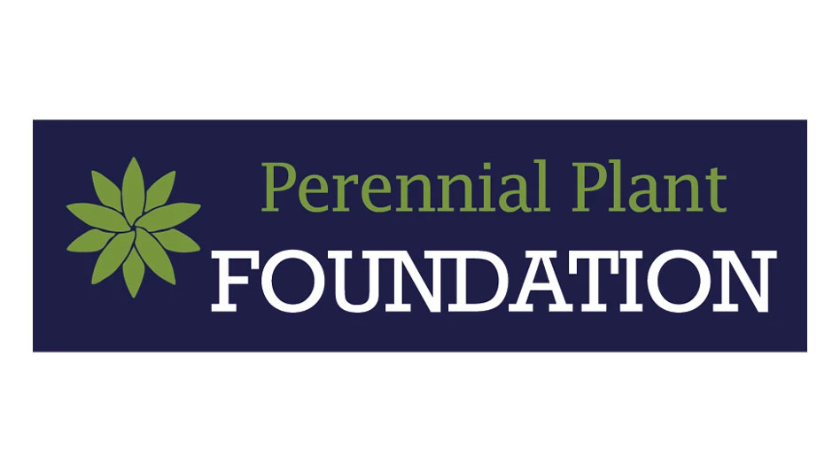 A logo reads Perennial Plant Foundation in green and white text. There's a green flower graphic to the left of the text. Everything is on a navy blue background.