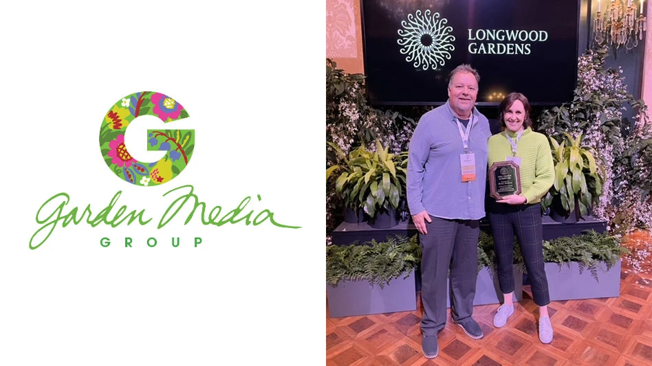 Two side-by-side photos: On the left is a graphic of the Garden Media Group logo. On the right, two people stand in front of a sign reading Longwood Gardens with multiple plants behind them. A smiling man wearing a blue dress shirt and gray pants is on the left. A smiling woman wearing a lime green jacket and black pants is on the right. She holds a plaque.