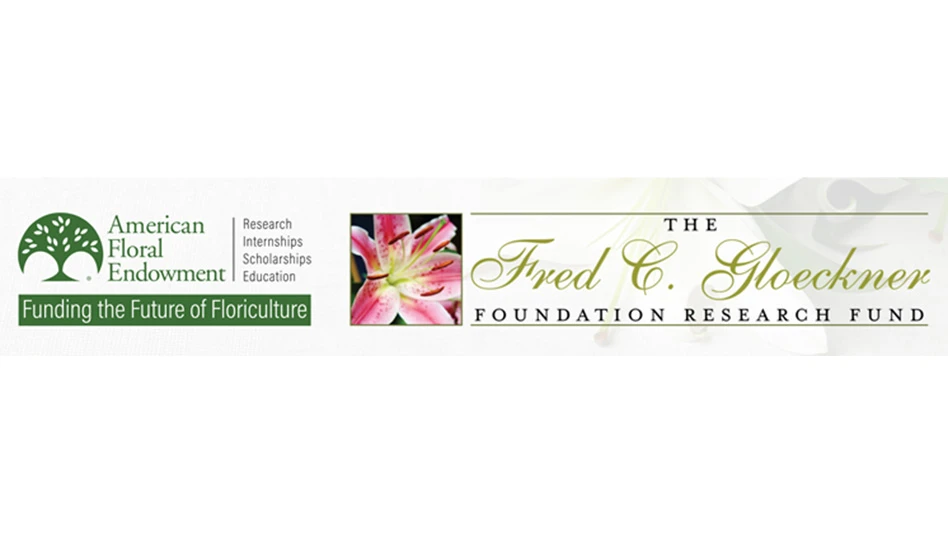 Two logos. The one on the left reads American Floral Endowment | Research Internships Scholarships Education Funding the Future of Floriculture. There's a graphic of a green tree to the left of the text. The logo on the right reads The Fred C. Gloeckner Foundation Research Fund and has a photo of a pink lily flower to the left of the text.
