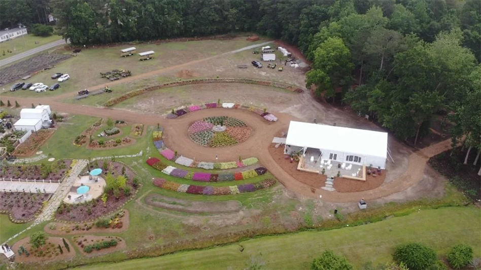 A drone view of the newest Signature Garden, showing neat rows of colorful flowers.