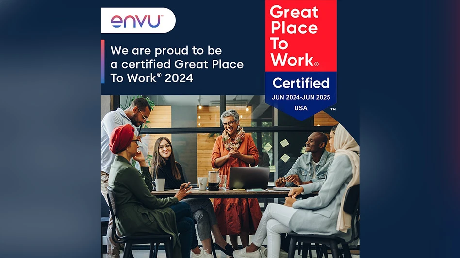 Six people sitting at a cafe table. The Envu logo is above them, along with the words, "We are proud to be a certified great place to work 2024"