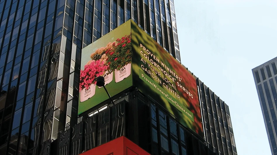 Stacey Hirvela, marketing manager, Proven Winners ColorChoice Shrubs, stresses the importance of having a call to action and of considering marketing outlets not traditionally used by our industry. This digital billboard for Sonic Bloom Wine reblooming weigela, Fire Light Tidbit panicle hydrangea and Double Play Doozie spirea is running through late July in Times Square, New York City.