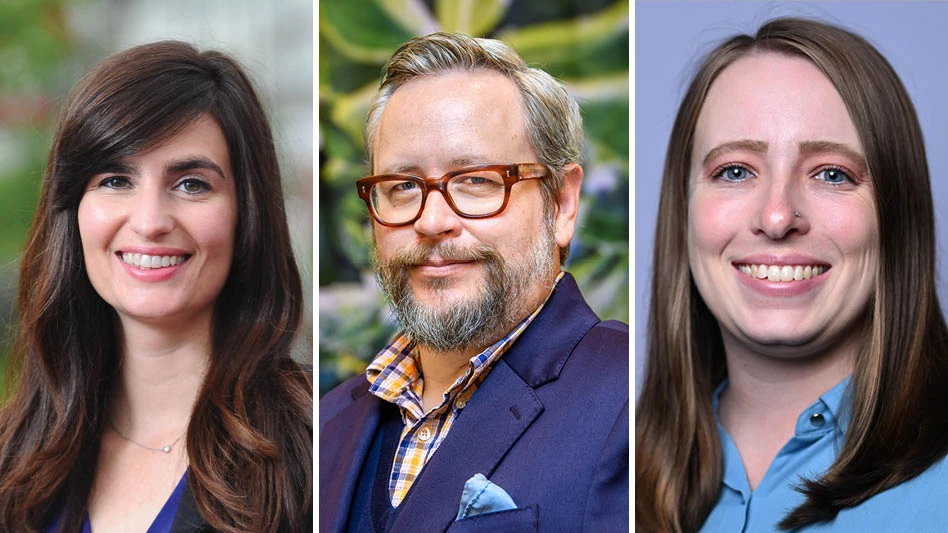 Headshot photos of three people, from left to right: a smiling woman with long brown hair, a man with a navy blue jacket, yellow and blue plaid shirt and red glasses with short brownish-gray hair and beard and a smiling woman with long dark blonde hair and a light blue dress shirt.