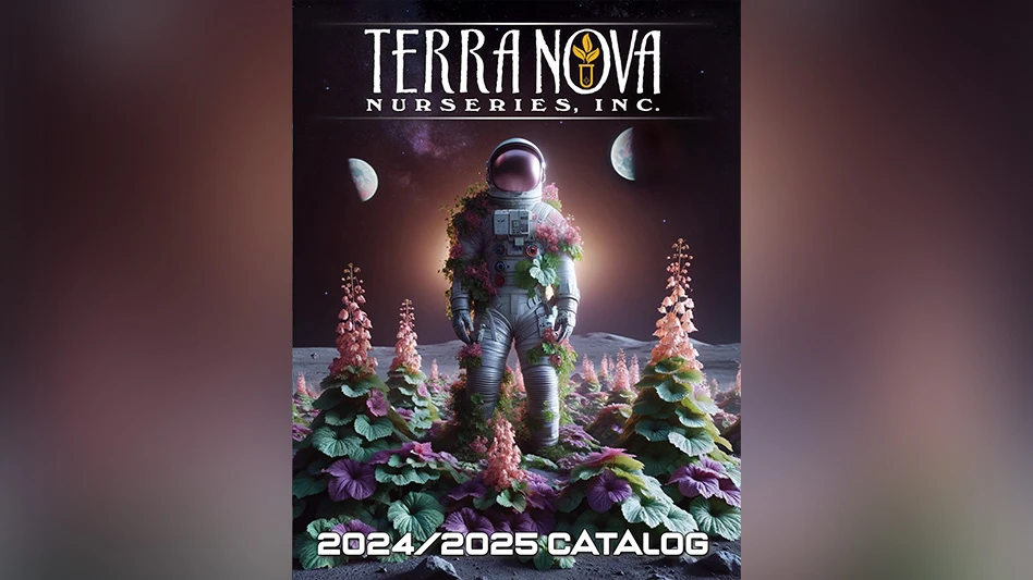 Terra Nova catalog cover showing an astronaut graphic among a dark-toned garden.