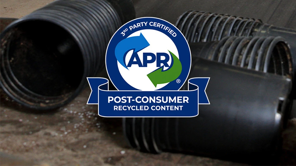 Blue and green logo that reads, "APR 3rd party certified post consumer recycled content." The background photos shows stacks of black plastic plant pots.