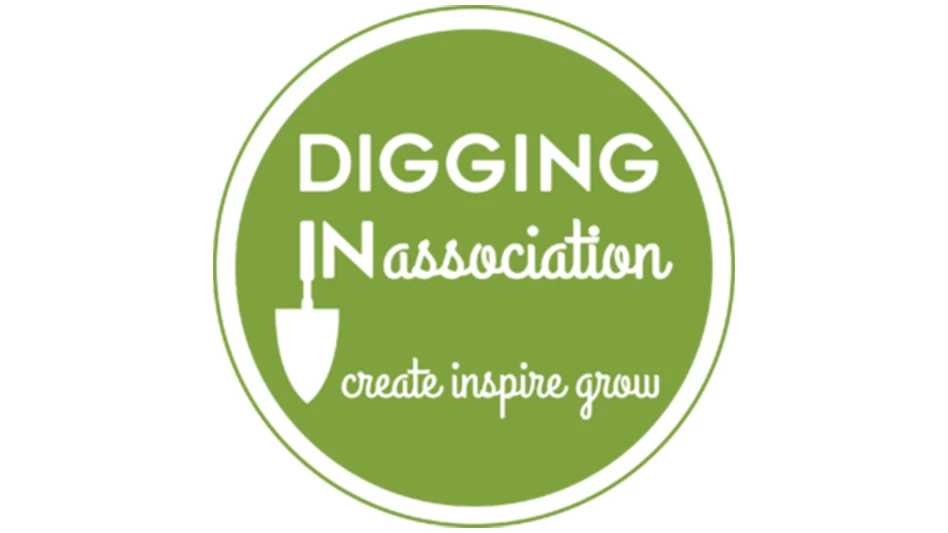 A circular graphic with white text on a light green background reads Digging In Association, create inspire grow. The I in in is a trowel.