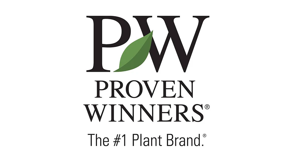 A logo with black text on a white background reads PW Proven Winners The #1 Plant Brand. Between the P and W is a green leaf.