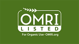 A dark green background with white text that reads OMRI listed for organic use - omri.org.