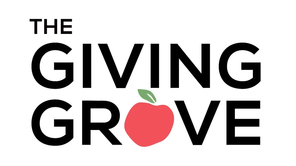 The Giving Grove logo in black letters with a red apple as the O in grove.
