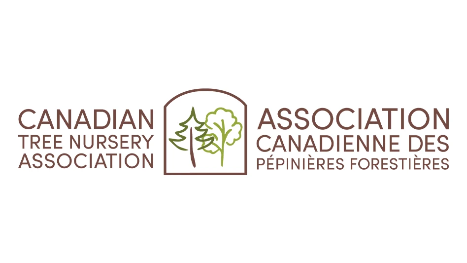 A logo with brown text reads Canadian Tree Nursery Association / Association Canadienne Des Pépinières Forestières. Outlines of two green trees are in the middle of the text.