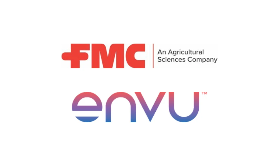 Two logos: One reads FMC: An agricultural science company in red and black letters. The other reads envu in gradient pink, purple and blue letters.