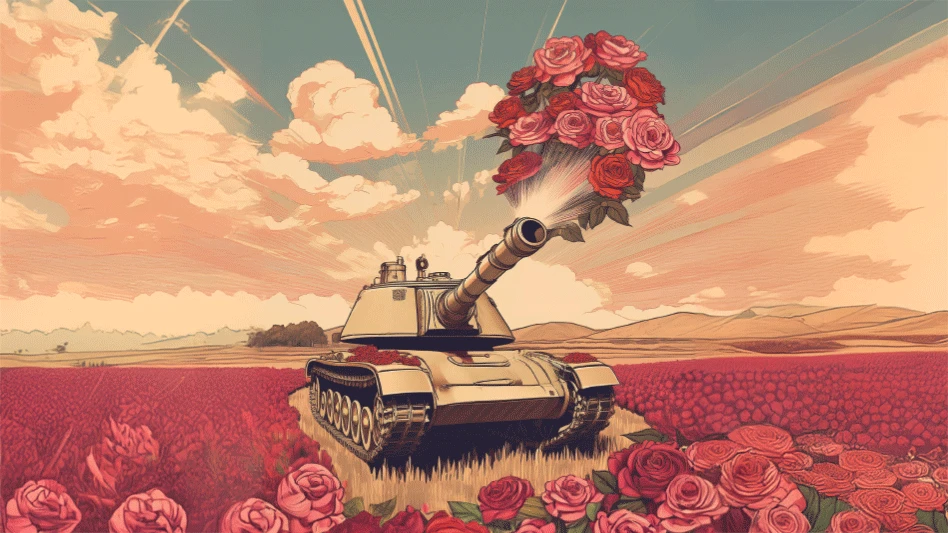 An illustration of a field of pink roses with a war tank in the center shooting out roses