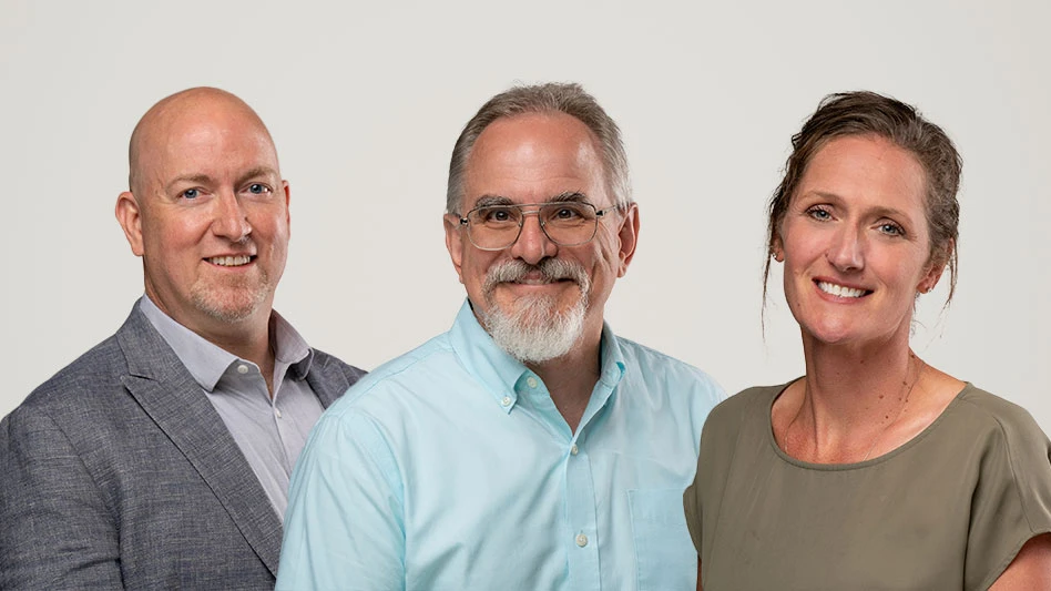 Headshots of three people. On the left is a bald man wearing a grey suit. In the middle is a man with a white goatee wearing a baby blue button up shirt. On the right is a woman with brown hair wearing a tan blouse.