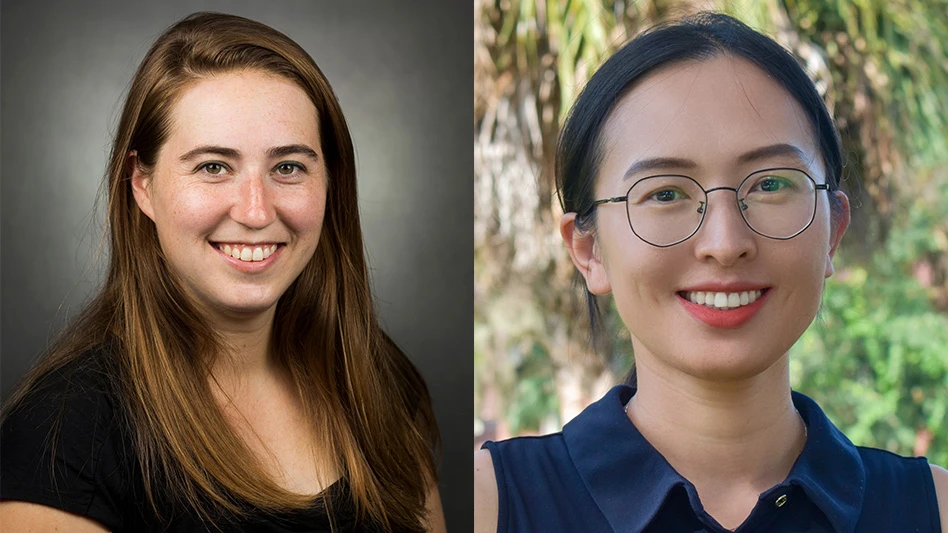 Two headshot photos of two women. The photo on the left shows a smiling woman with long brown hair wearing a black top against a gray background. The photo on the right shows a smiling woman with black hair wearing black glasses and a navy blue top against a green and brown background.