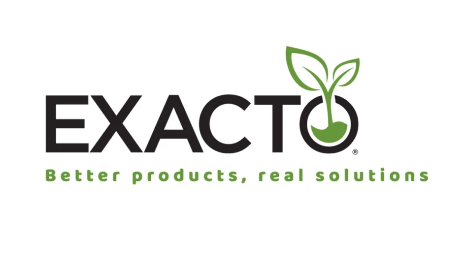 A logo on a white background with EXACTO in black letters with a green plant graphic growing out of the O. Below that in green text reads Better products, real solutions.