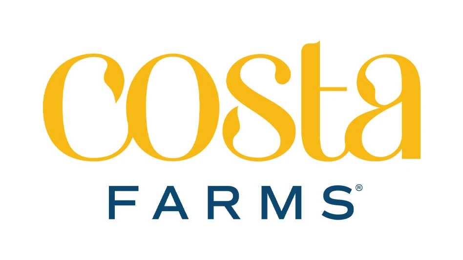 A logo with Costa in bright yellow letters and Farms in navy blue letters below Costa on a white background.