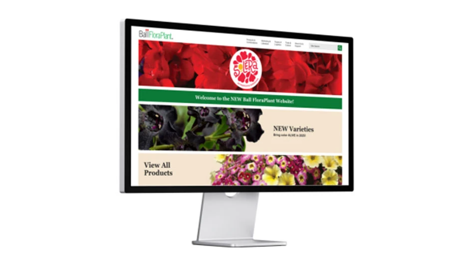 A desktop computer displaying the revitalized Ball FloraPlant website.