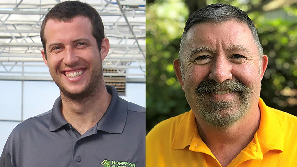 Two photos of smiling men. The man on the right has short brown hair, wears a gray polo shirt with green text reading Hoffman Nursery on the chest and stands in a greenhouse. The man on the right has black hair and short gray facial hair and wears a gold polo shirt, with greenery visible behind him.