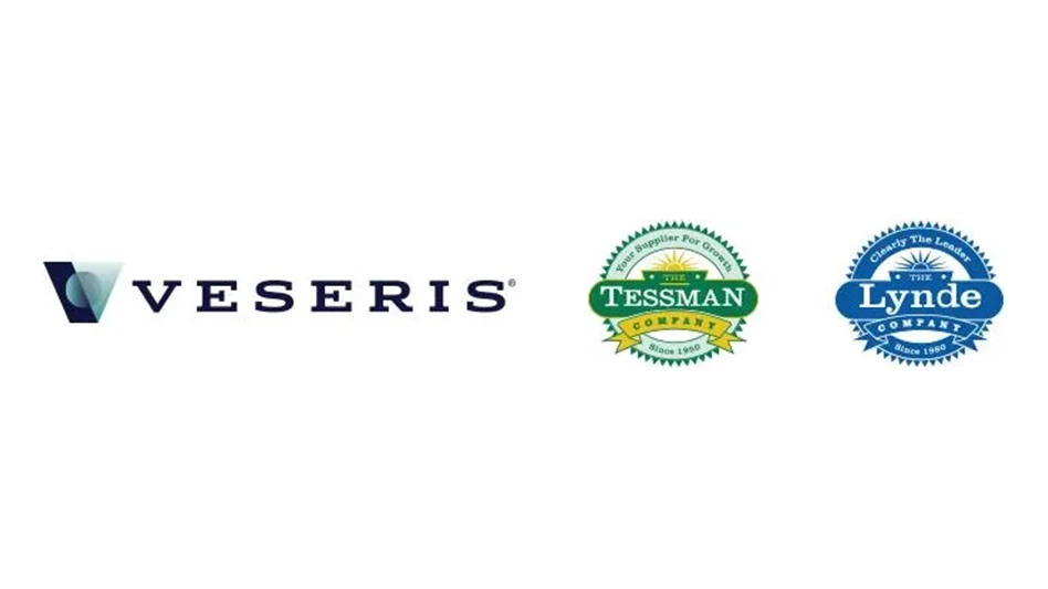 Three logos, all on a white background, from left to right: Veseris in navy blue capital letters, The Tessman Company in a green circular logo and The Lynde Company in a blue circular logo.