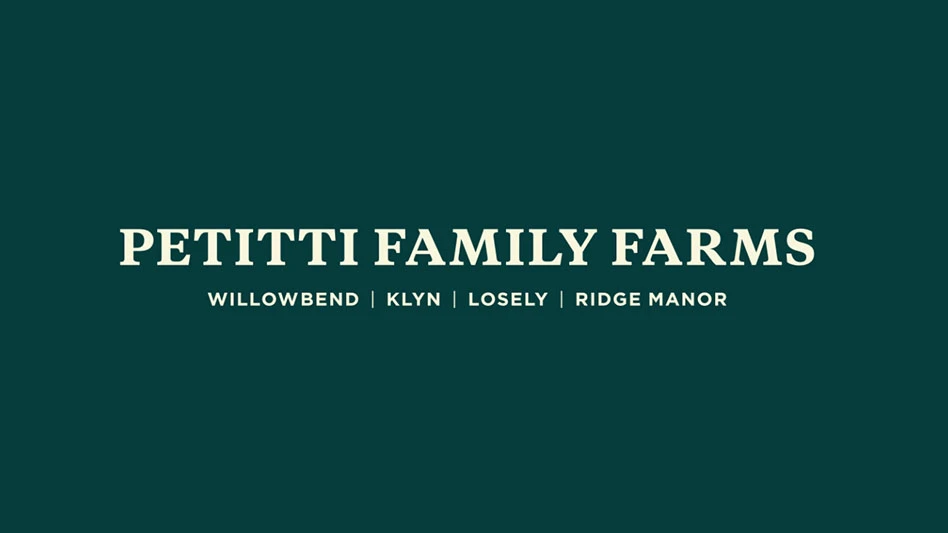 A logo with cream text on a teal background reading Petitti Family Farms  Willowbend Klyn Losely Ridge Manor.