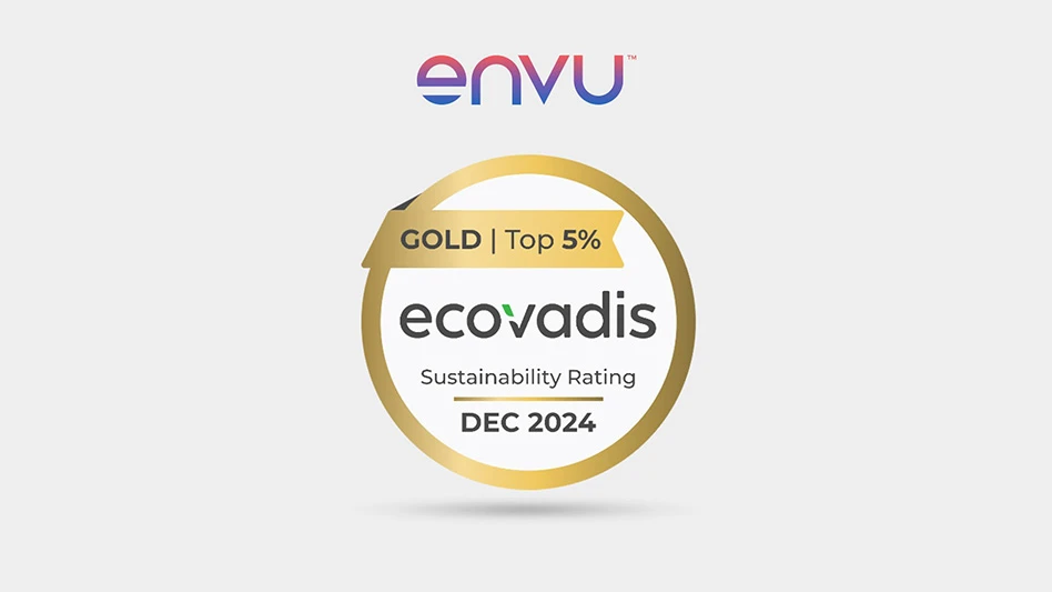 A circular gold logo reads EcoVadis Sustainability Rating Gold Top 5% Dec 2024. The blue, purple and pink envu logo is above the circle.