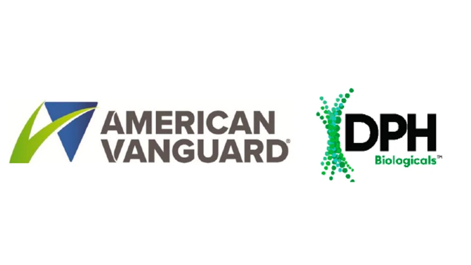 Two logos, one reads American Vanguard in gray text, the other reads DPH Biologicals in black and green text, all on a white background.