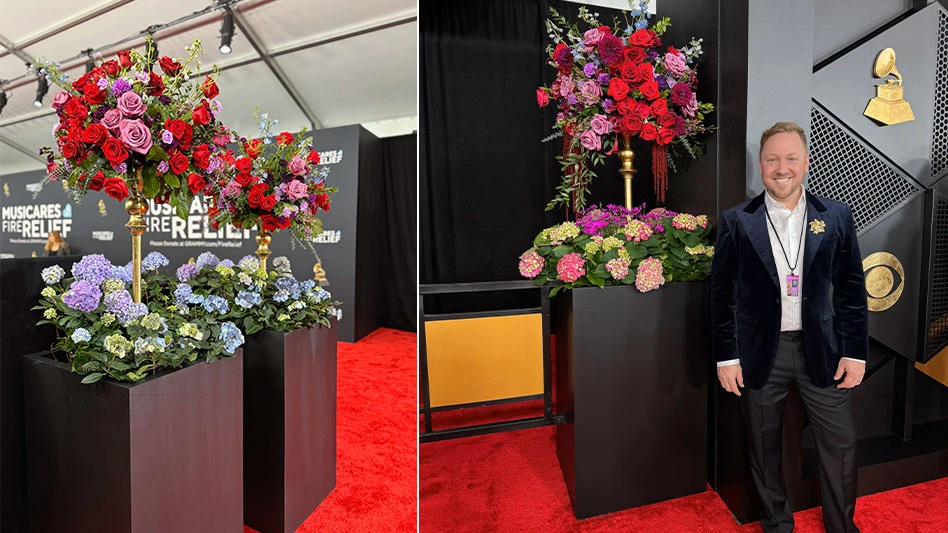 Two photos of red, pink, purple and blue flowers in black planters on a red carpet at the Grammys. In one photo, a smiling man stands in front of one of the planters.