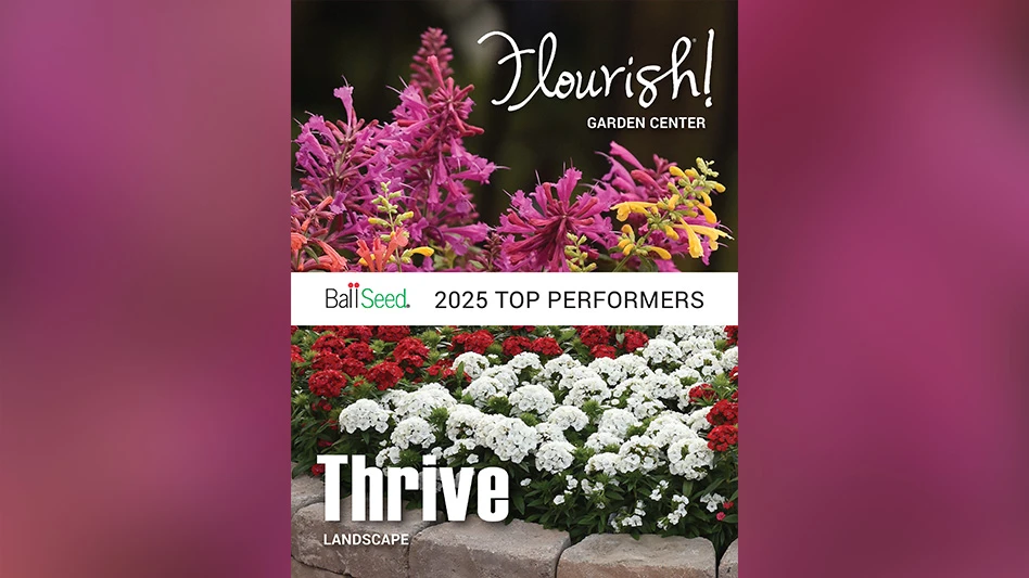 A magazine cover showing a garden full of pink, orange, yellow, red and white flowers with green leaves behind a stone wall. White text reads Flourish! Garden Center and Thrive Landscape, Ball Seed 2025 Top Performers.