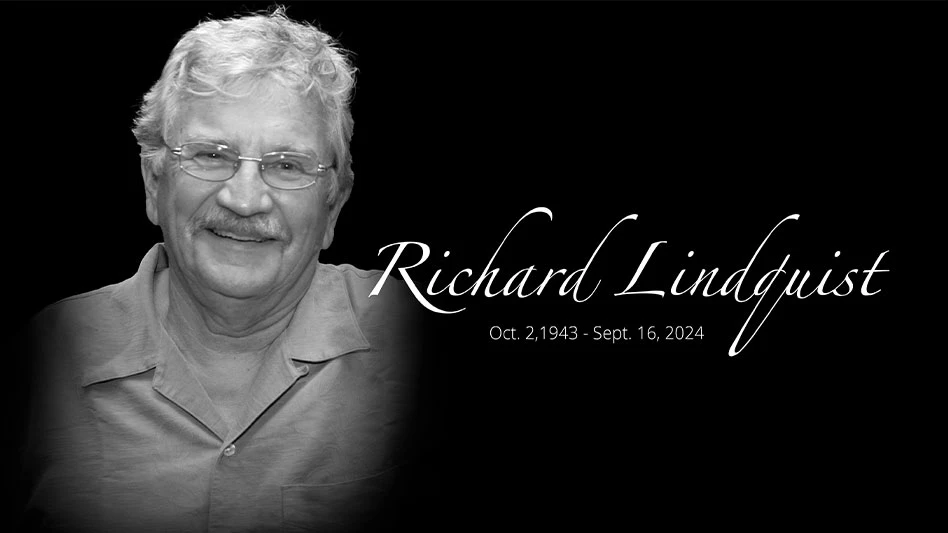 A black and white image of an older man. Richard Lindquist is to the right in white script letters.