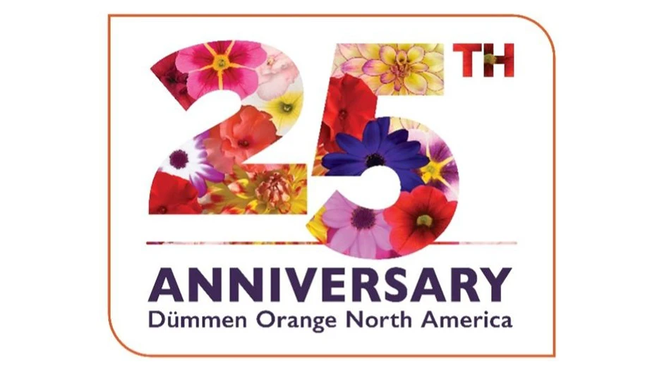 A graphic with purple text reads 25th anniversary Dummen Orange North America. The flowers have pink, purple, red, yellow and orange flowers inside. The entire graphic is surrounded by a thin orange line on a white background.