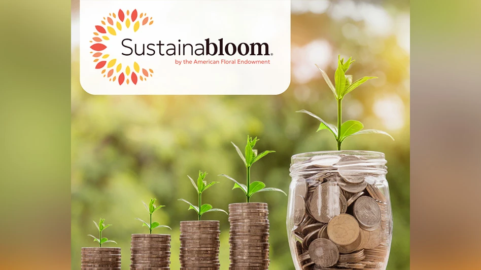 A graphic with increasingly larger stacks of silver nickels with green seedlings growing on top. On the far right is a clear glass jar full of nickels with a green seedling on top. A logo in the top left corner with brown and orange text on a white background reads Sustainabloom by the American Floral Endowment.