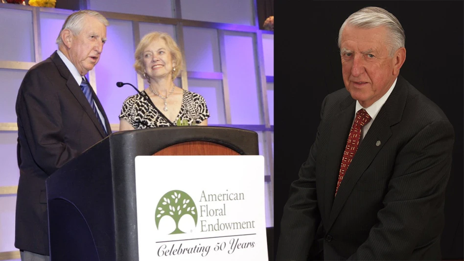 Two side by side photos. On the left, a photo of a man and a woman speaking at a podium. On the left, a photo of a man in a black suit and red tie.