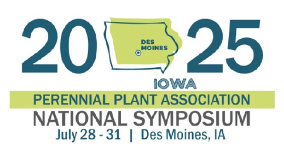Logo with green, blue and gray text on a white and green background reads 2025 Perennial Plant Association National Symposium, July 28-31, Des Moines, Iowa.