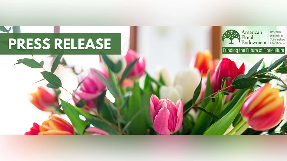 Green and white American Floral Endowment logo over an image of pink and orange tulips.