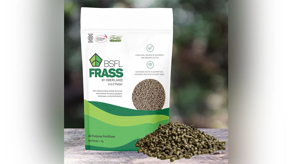 White and green bag of BSFL frass by Oberland Agriscience