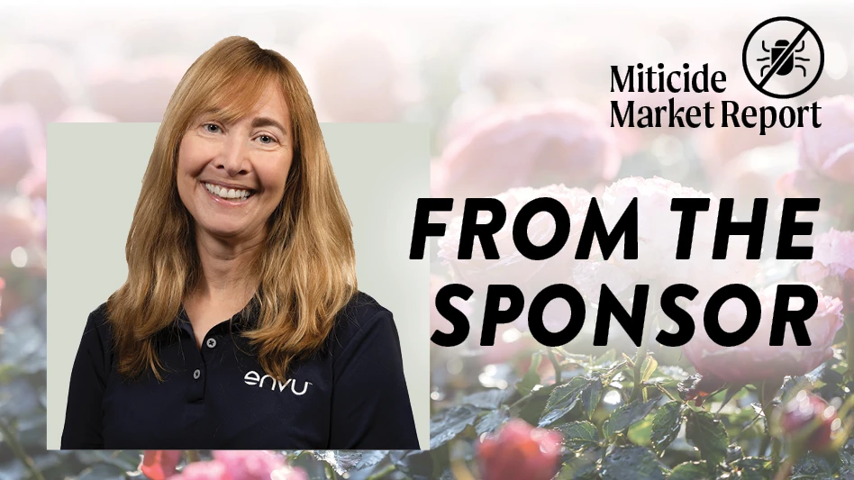 A graphic with black text reading Miticide Market Report: From the Sponsor. There's a headdshot photo of a smiling woman with long blonde hair wearing a black polo shirt, and behind her photo and the text is a background photo of flowers.
