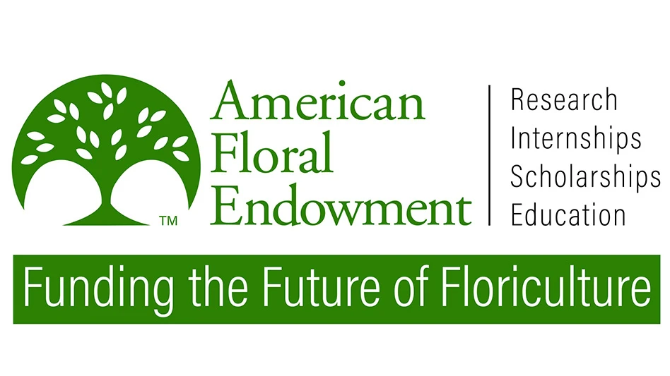 A graphic with green, white and black text on a white and green background reads American Floral Endowment, Funding the Future of Floriculture, Research Internships Scholarships Education.