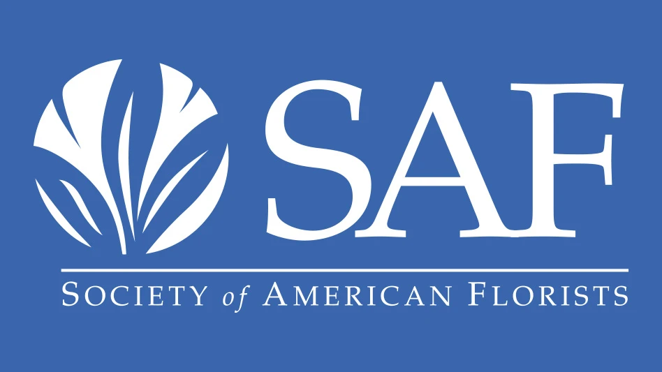 A logo with white text on a blue background reads SAF: Society of American Florists.